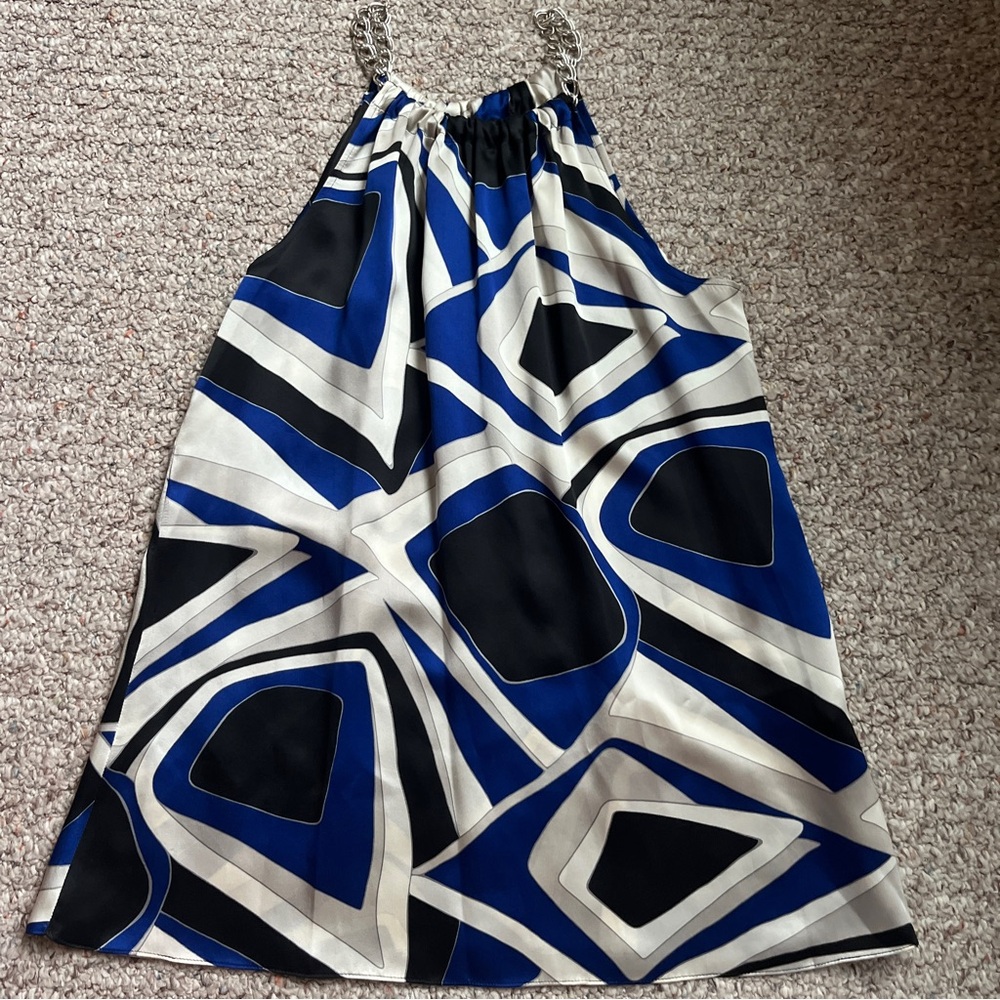 Kenneth Cole Blue Black Silk Sleeveless Tank Top Blouse silver metal chain 10